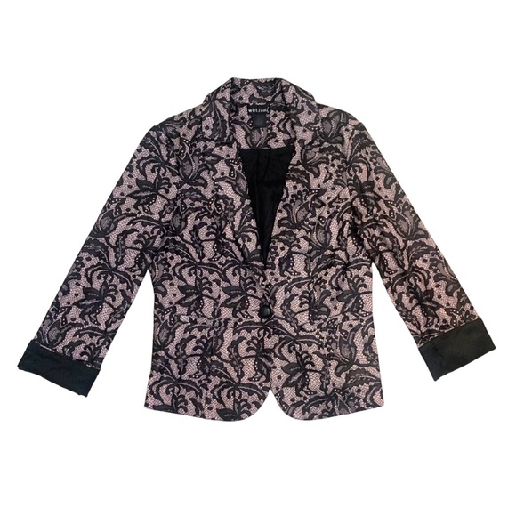 Wet Seal Jackets & Blazers - Romantic Lace Pink Black Blazer Size Medium 3/4 Sleeve Jacket Floral Elegant